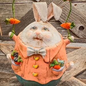 Vintage Humpty Dumpty Easter Bunny Juggling Carrots w/ Pockets Full of Veggies